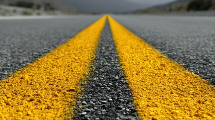 Close-Up View of a Yellow Double-Line Road Marking on a Paved Highway with Gravel Texture and Scenic Mountain Background in the Distance