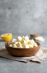 Fresh homemade paneer cheese cubes fill rustic wooden bowl on grey stone background. Bright sliced lemon rests nearby. Dairy product ready for delicious Indian cooking healthy vegetarian meal prep.