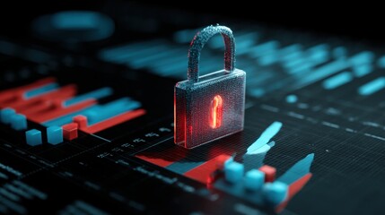 Digital padlock symbolizing cybersecurity protection over data analytics and financial charts in a modern technological environment illuminated with blue and red hues.