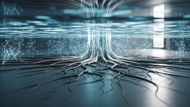 Artistic depiction of a tree's roots rising to a network above