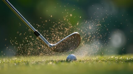 Close-Up View of a Golf Club Hitting a Ball from a Bunker with Flying Sand Particles on a Bright Sunny Day at a Golf Course
