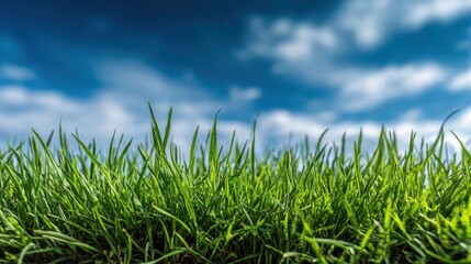 Obraz premium Lush Green Grass Against a Bright Blue Sky with Soft Clouds Enhancing the Serenity of Nature and the Beauty of a Sunny Day Outdoors