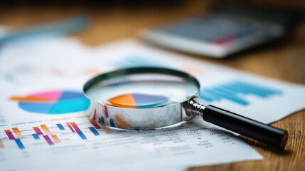 Close-up of a magnifying glass focusing on colorful graphs and charts on a wooden desk showcasing financial analysis and business research concepts.