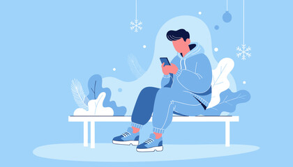 Man in hoodie uses smartphone on a bench in a minimalist winter scene Technology and leisure