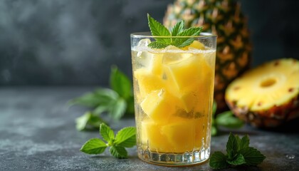 Fototapeta premium Refreshing pineapple drink with ice, mint in glass. Cold tropical fruit beverage stands on dark table. Delicious summer cocktail healthy juice from ripe ananas. Detox water for healthy dieting menu.