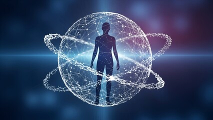 Silhouette of person encapsulated in a glowing sphere of interconnected digital network