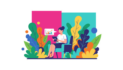Woman analyzing financial data on tablet surrounded by colorful abstract plants