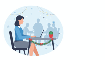 Female office worker busy on laptop in a festive corporate workspace during the winter holidays
