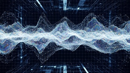 Digitally rendered 3D graph, showcasing fluctuating data with lines, dots, and a grid background