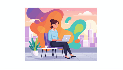 Remote work on a city rooftop terrace Smiling professional woman using a laptop outdoors