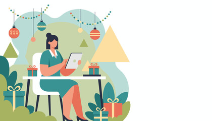 Professional woman uses tablet for festive online shopping surrounded by Christmas gifts