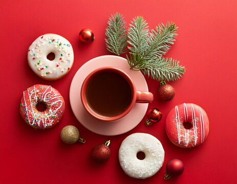 Creative concept photo of coffee cup with pastry and christmas decorations celebrating new year xmas holiday on red background.