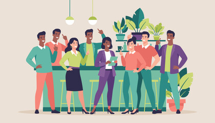 Diverse professional team collaborates happily in a modern relaxed work environment