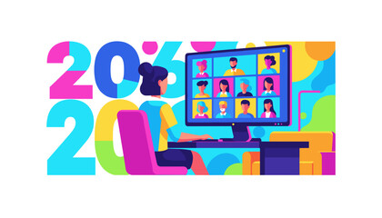 Remote work video conference meeting illustration for 202X digital business collaboration