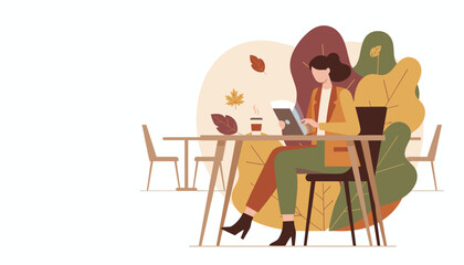 Fototapeta premium Woman working remotely on a tablet at an outdoor cafe surrounded by autumn leaves Freelance lifestyle