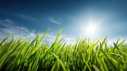 Fototapeta premium Lush Green Grass Under Bright Sunlight With Clear Blue Sky And Wispy Clouds Capturing Nature's Beauty In Vibrant Daylight Scene
