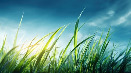 Fototapeta premium Lush Green Grass Under Blue Sky with Bright Sunlight Shining Through Soft Cloudy Background Enhancing Nature's Tranquility and Beauty