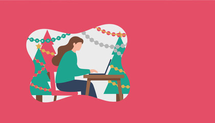 Festive remote work Woman uses laptop during Christmas holidays near decorated trees