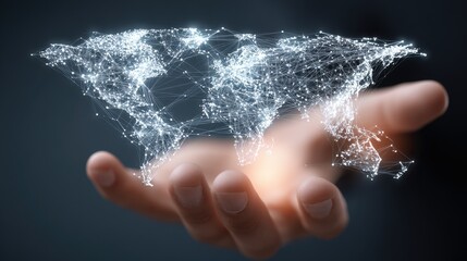 Digital representation of a world map with glowing connections in a human hand, symbolizing global communication and technology advancements