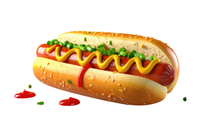 Appetizing hot dog with mustard, ketchup, and chives in a sesame seed bun against a dark background