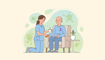 Compassionate nurse helps elderly man with illness awareness ribbon Home care and medical support concept