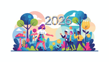 Business team embracing 2026 future goals in a colorful abstract nature setting