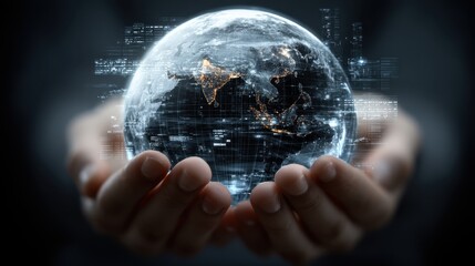 Hands Holding a Glowing Earth with Digital Elements Representing Global Connectivity and Data Visualization in a Futuristic Concept