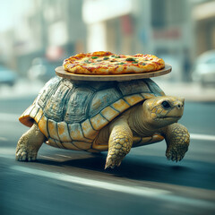 A humorous image of a turtle carrying a pizza on its shell through a city street. The mix of nature and modern life creates a fun and imaginative scene.