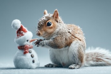 Obraz premium A small brown squirrel interacts with a snowman made of cotton, wearing a red and white hat. The scene is set in a winter environment with snow.