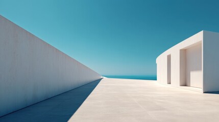 Contemporary Minimalist Architectural Design with Blue Sky and Ocean View in Bright Daylight Featuring Clean Lines and Geometric Shapes