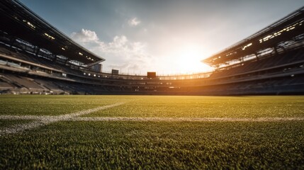 Fototapeta premium Vibrant Sunset Over a Football Stadium Field with Lush Green Grass and Empty Stands Highlighting the Beauty of Sports Architecture