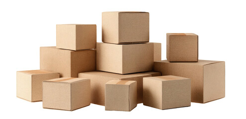Fototapeta premium A pile of unlabelled brown corrugated cardboard boxes, of varying sizes, arranged irregularly against a black background