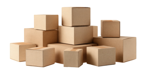 A pile of unlabelled brown corrugated cardboard boxes, of varying sizes, arranged irregularly against a black background