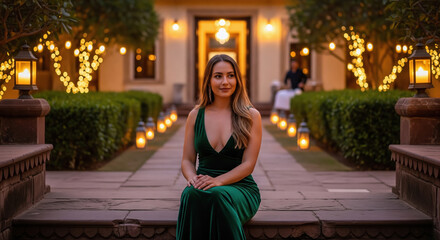 Fototapeta premium Elegant young woman in a green velvet dress sitting on steps during a formal outdoor evening event.