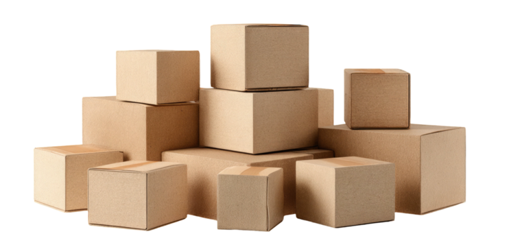 A pile of unlabelled brown corrugated cardboard boxes, of varying sizes, arranged irregularly against a black background