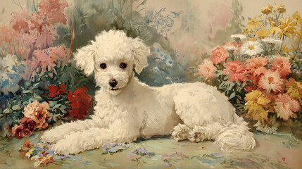 White Poodle in Victorian Garden