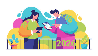 Team analyzing compliance checklist and strategy goals for 2026 using digital tablets