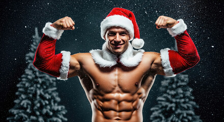 Strong muscular man flexing biceps in a Santa Claus costume in the snow. Concept of Christmas power, fitness, and holiday strength.