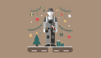 Flat design illustration of a worker celebrating holidays Christmas construction concept