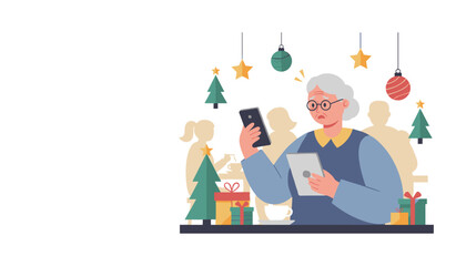 Elderly woman confused by technology struggling with smartphone and tablet during holiday shopping