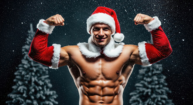 Strong muscular man flexing biceps in a Santa Claus costume in the snow. Concept of Christmas power, fitness, and holiday strength.