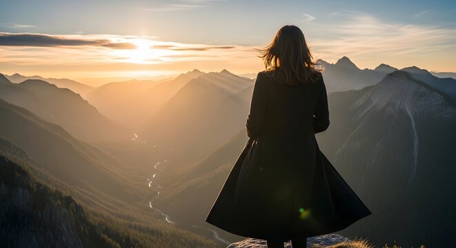 A woman in a coat stands overlooking a hazy mountain range at sunrise with a clear sky above her