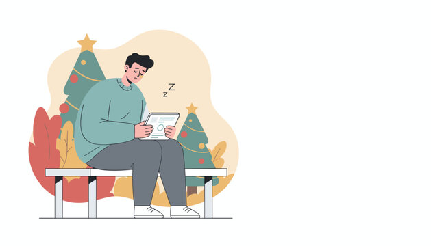 Bored man on bench with tablet near holiday trees feeling exhausted during celebrations