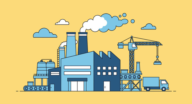 Industrial factory complex illustration Manufacturing plant with smokestacks crane truck and production line