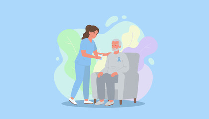 Caring nurse supports senior man with purple awareness ribbon geriatric care and compassion illustration