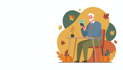 Senior man uses smartphone in cozy autumn setting with pumpkins and maple leaves