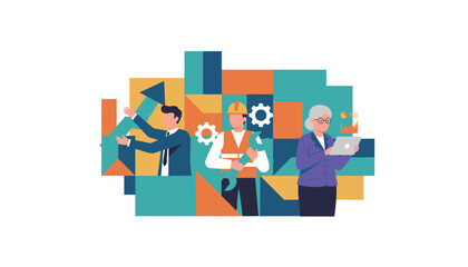 Diverse team illustration professional management skilled worker and data analysis for business growth