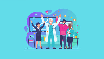 Doctor celebrates success with diverse team confetti and achievement charts