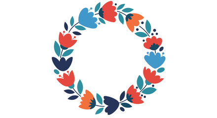 A circular floral wreath composed of stylized blue and red blossoms