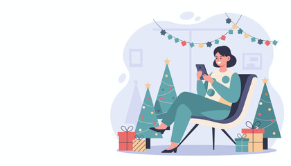 Smiling woman using smartphone while sitting among Christmas trees and gifts Holiday communication